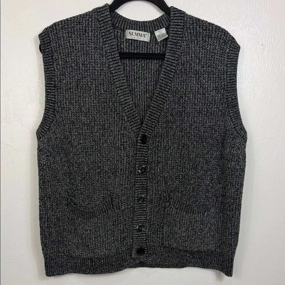 Vintage Summa Silk Charcoal Knit Button Front Sweater Vest Size L
